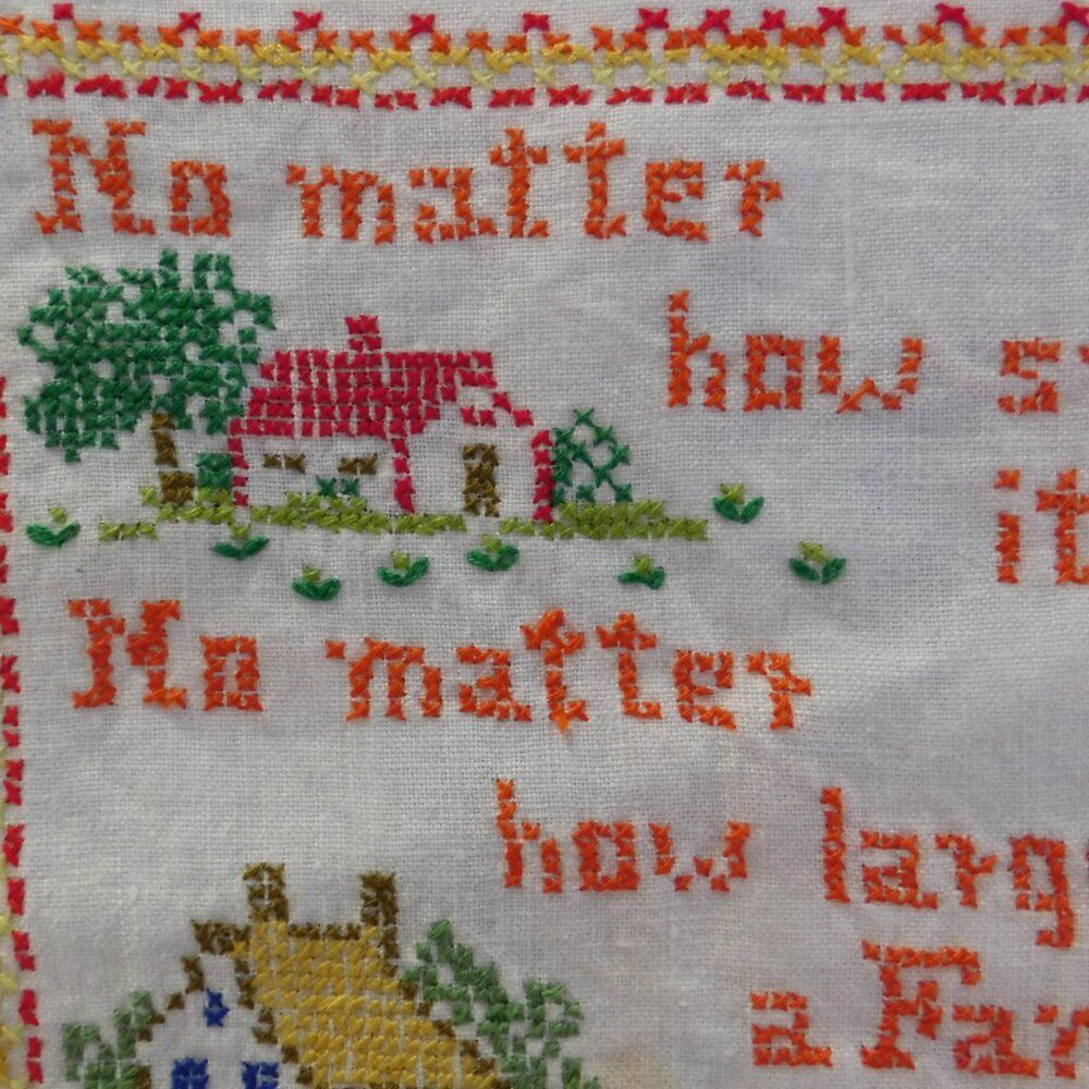 Vintage Cross Stitch Sampler Colonial Cottagecore Family Home Quote 11" x 13" - Picture 2 of 5